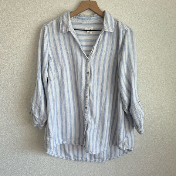 36. Nicole Miller Women's 1X Linen Blend Button Down Blouse Striped White Blue - Picture 1 of 8